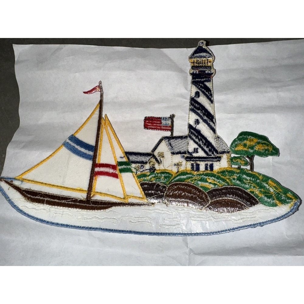 Giant Lighthouse Sail Boat Iron On Patch 8"x6" Nautical Scene Vintage Detailed - Picture 4 of 5